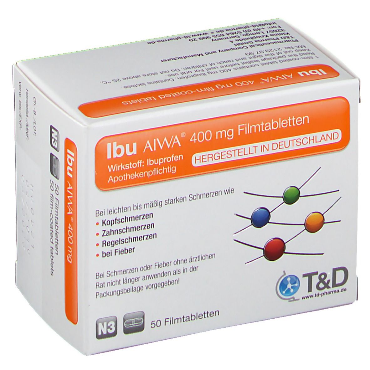 Schachtel Ibu AIWA 400 mg Filmtabletten. Weiß, orangefarbene Akzente. Text: Ibuprofen, hergestellt in Deutschland, 50 Filmtabletten.