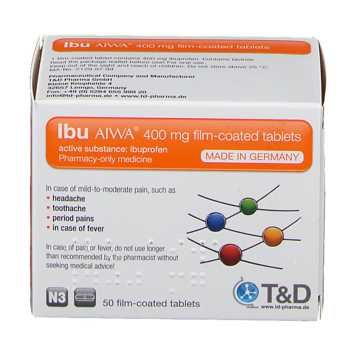 Schachtel Ibu AIWA 400 mg Filmtabletten. Weiß, orangefarbene Akzente. Text: Ibuprofen, 50 Filmtabletten, T&D.