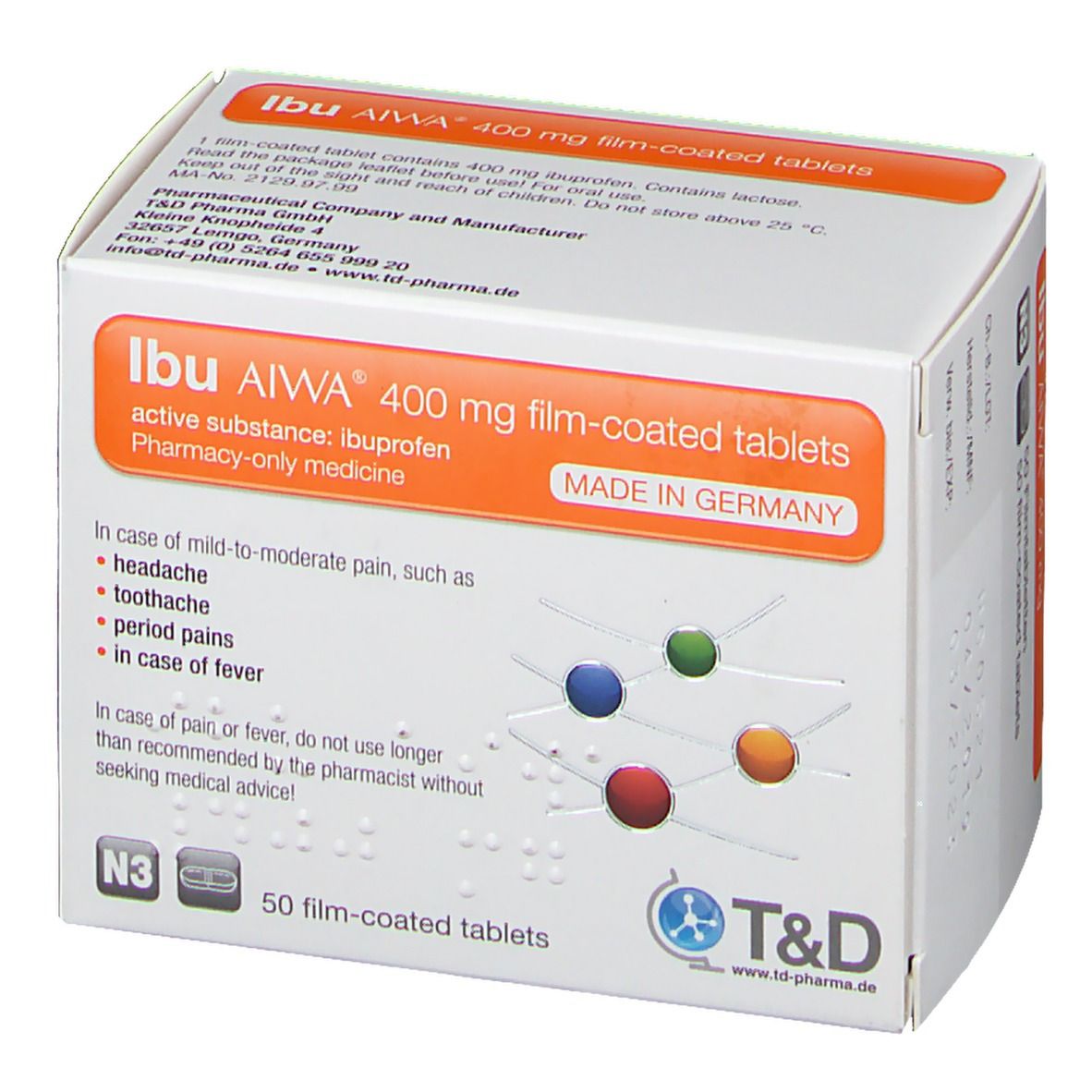 Schachtel Ibu AIWA 400 mg Filmtabletten. Weiß, orangefarbene Akzente. Text: Ibuprofen, 50 Filmtabletten, T&D.