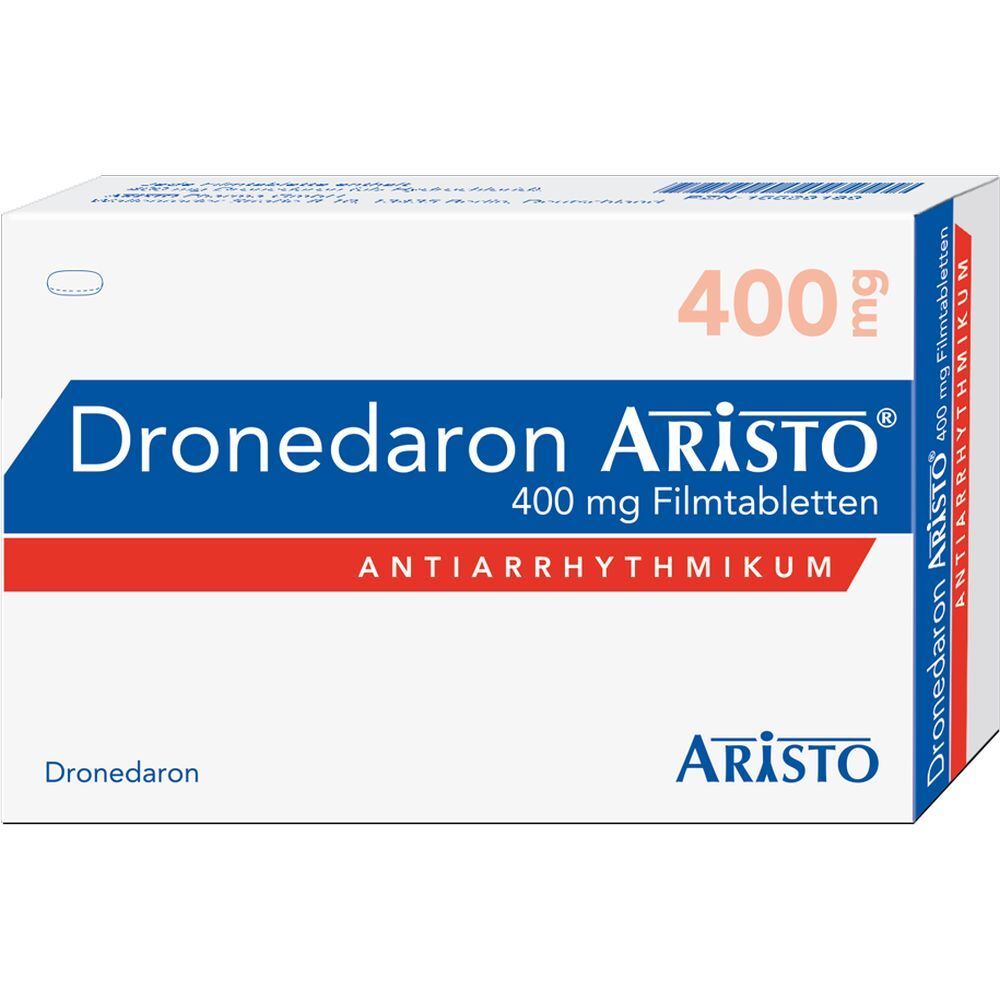 Dronedaron Aristo® 400 mg Filmtabletten-Packung. Weißer Karton mit blauer und roter Schrift. Aristo-Logo.