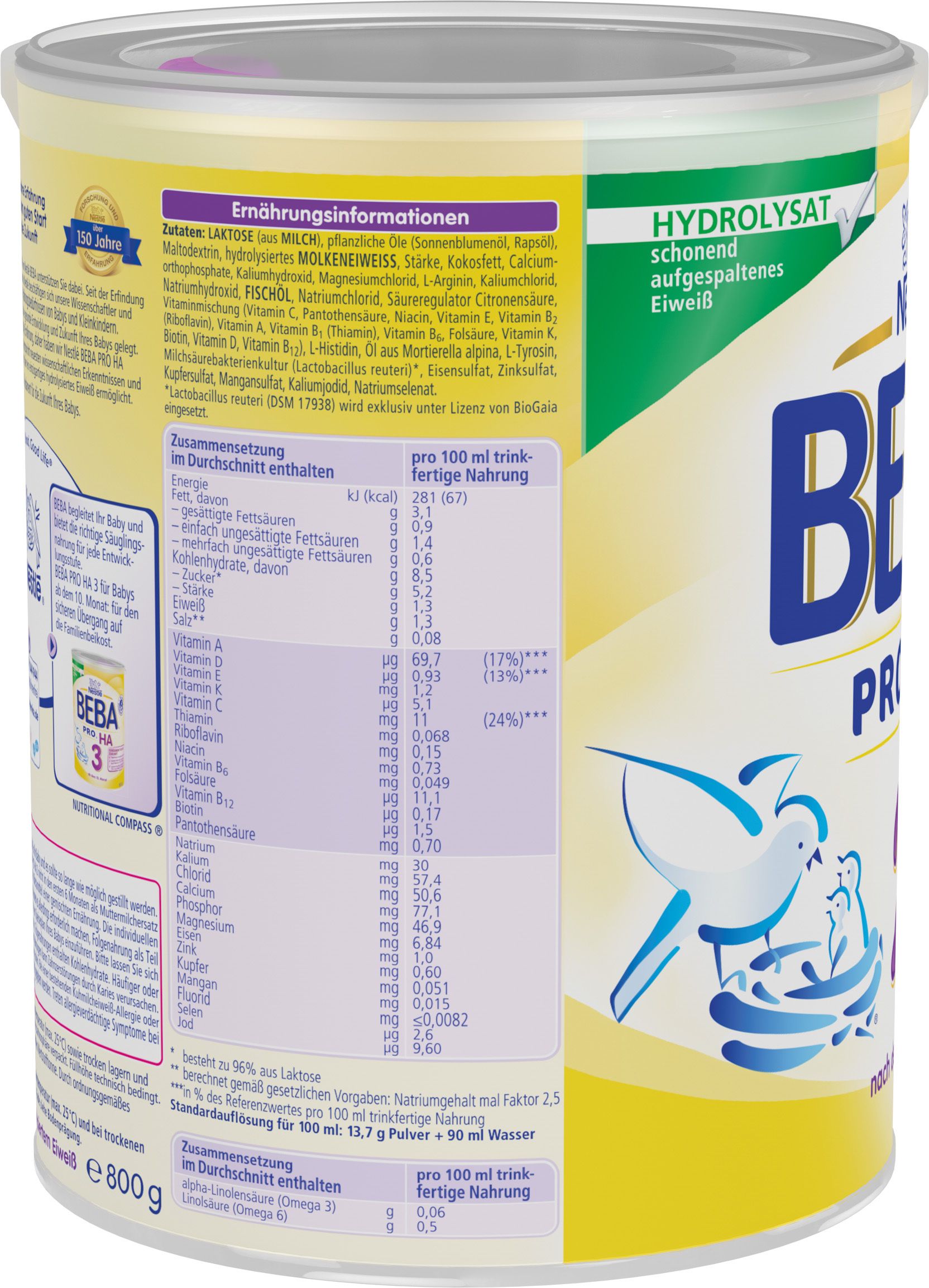 Rückseite der Nestlé BEBA PRO HA 2 Dose. Text: Nährwertinformationen, Zutaten, Zusammensetzung. 800g. Hydrolysat, schonend aufgespaltenes Eiweiß.
