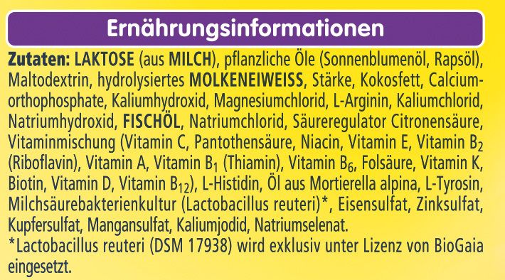 Zutatenliste für Nestlé BEBA PRO HA 2. Text: Laktose, pflanzliche Öle, hydrolysiertes Molkeneiweiß, Stärke, Fischöl, Vitamine, Mineralstoffe.