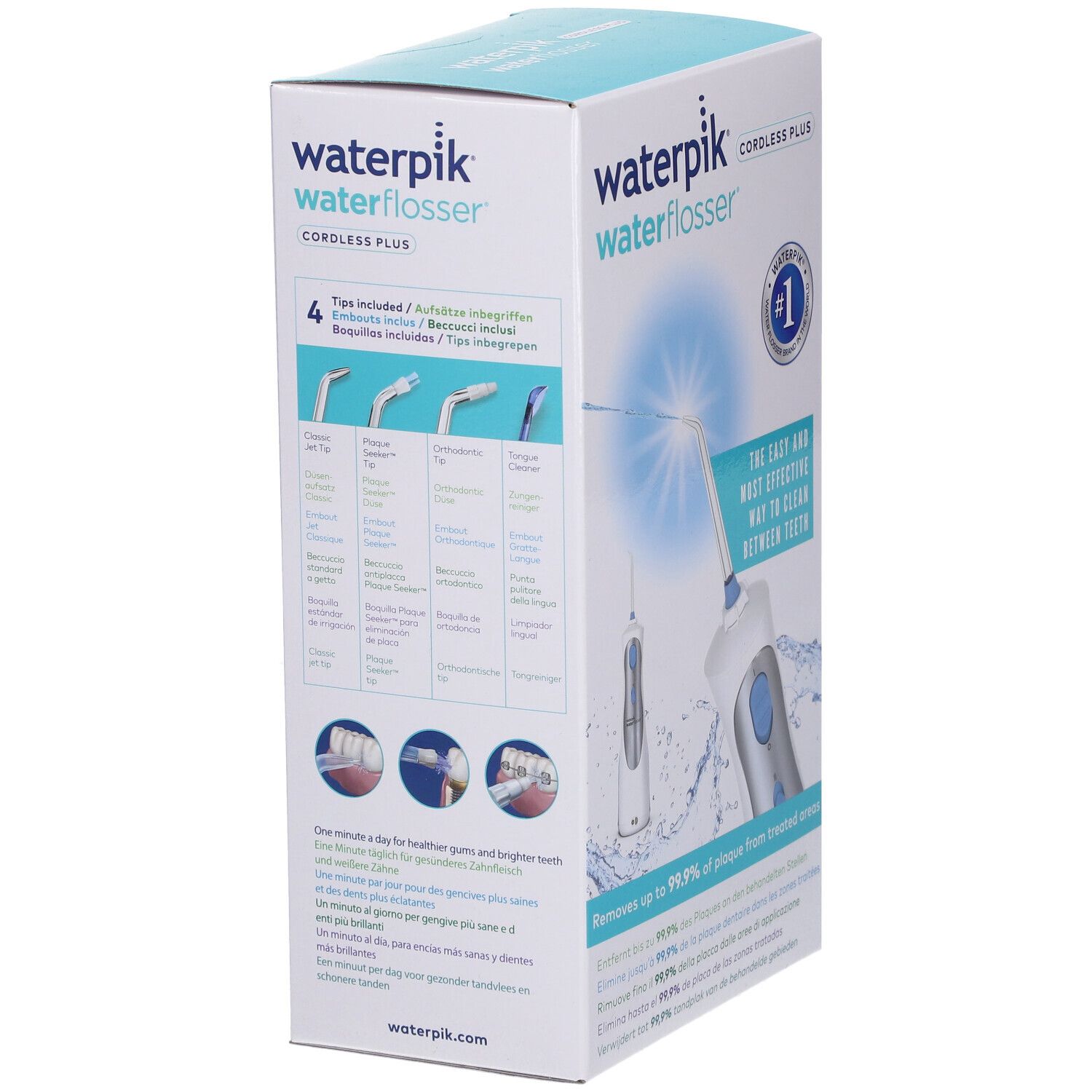 Verpackung der Munddusche. Waterpik Waterflosser, Cordless Plus. 4 Aufsätze abgebildet. Text: Die einfachste und effektivste Art, Zähne zu reinigen.