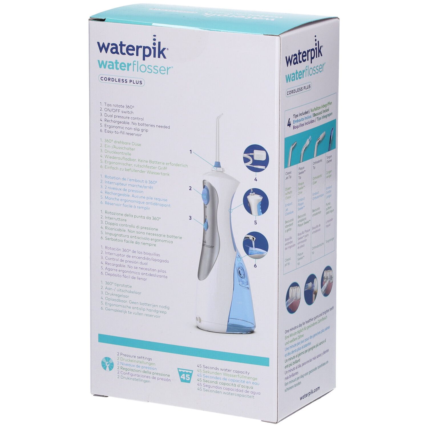 Rückseite der Verpackung. Waterpik Waterflosser, Cordless Plus. Produktmerkmale und Aufsätze abgebildet. Text und Diagramme.