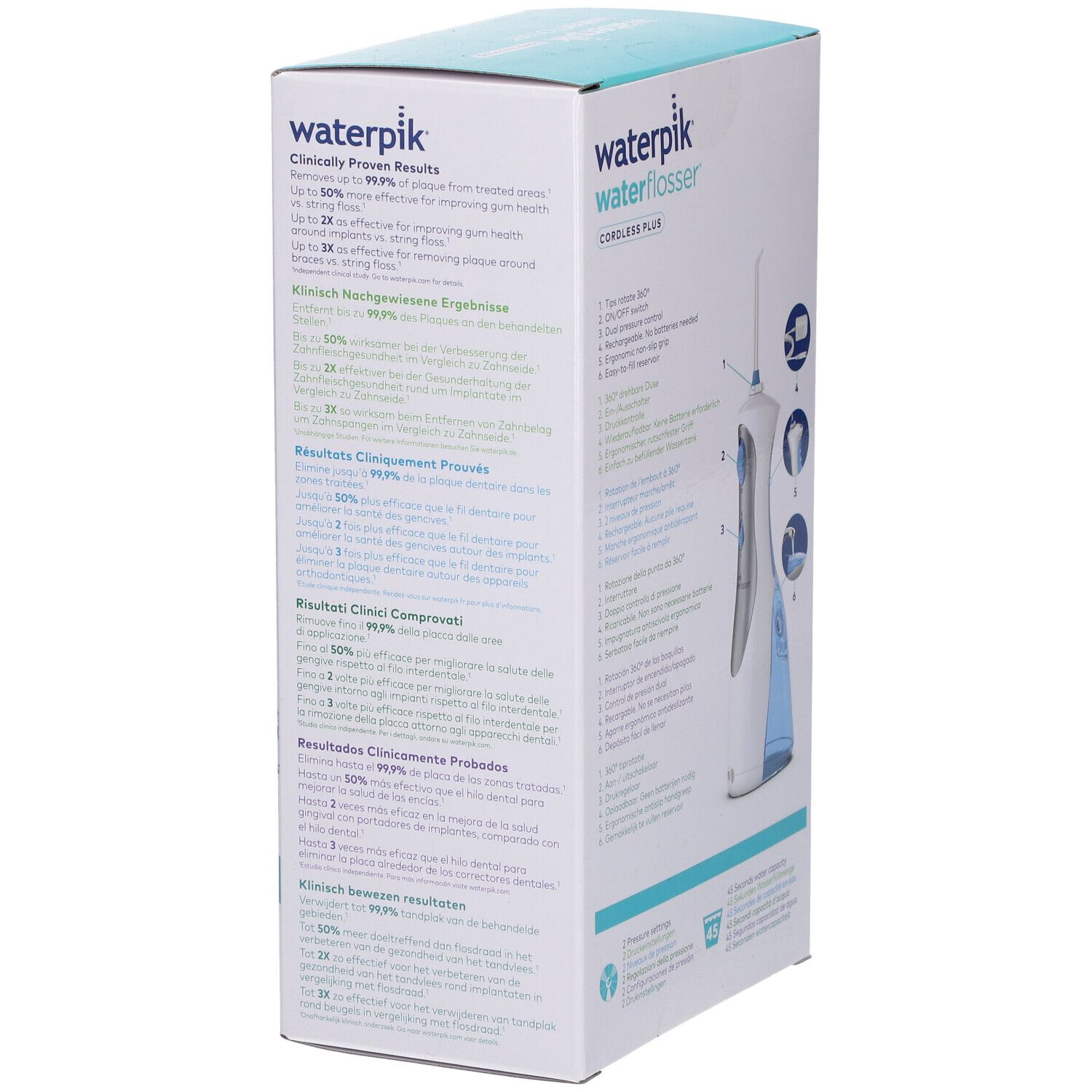 Verpackung, Seite. Waterpik Waterflosser, Cordless Plus. Klinisch nachgewiesene Ergebnisse. Text und Diagramme.