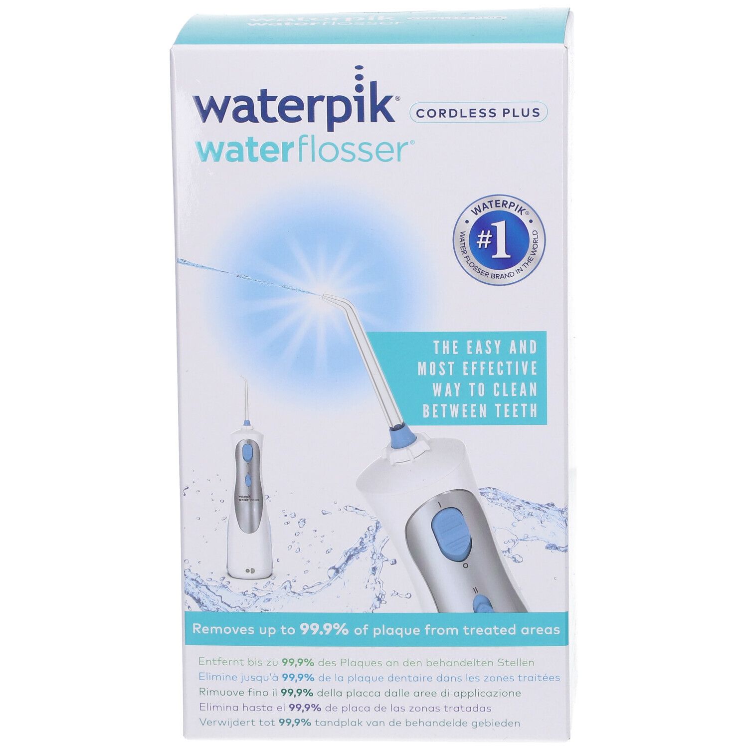 Verpackung, Vorderseite. Waterpik Waterflosser, Cordless Plus. #1-Logo. Text: Die einfachste und effektivste Art, Zähne zu reinigen.