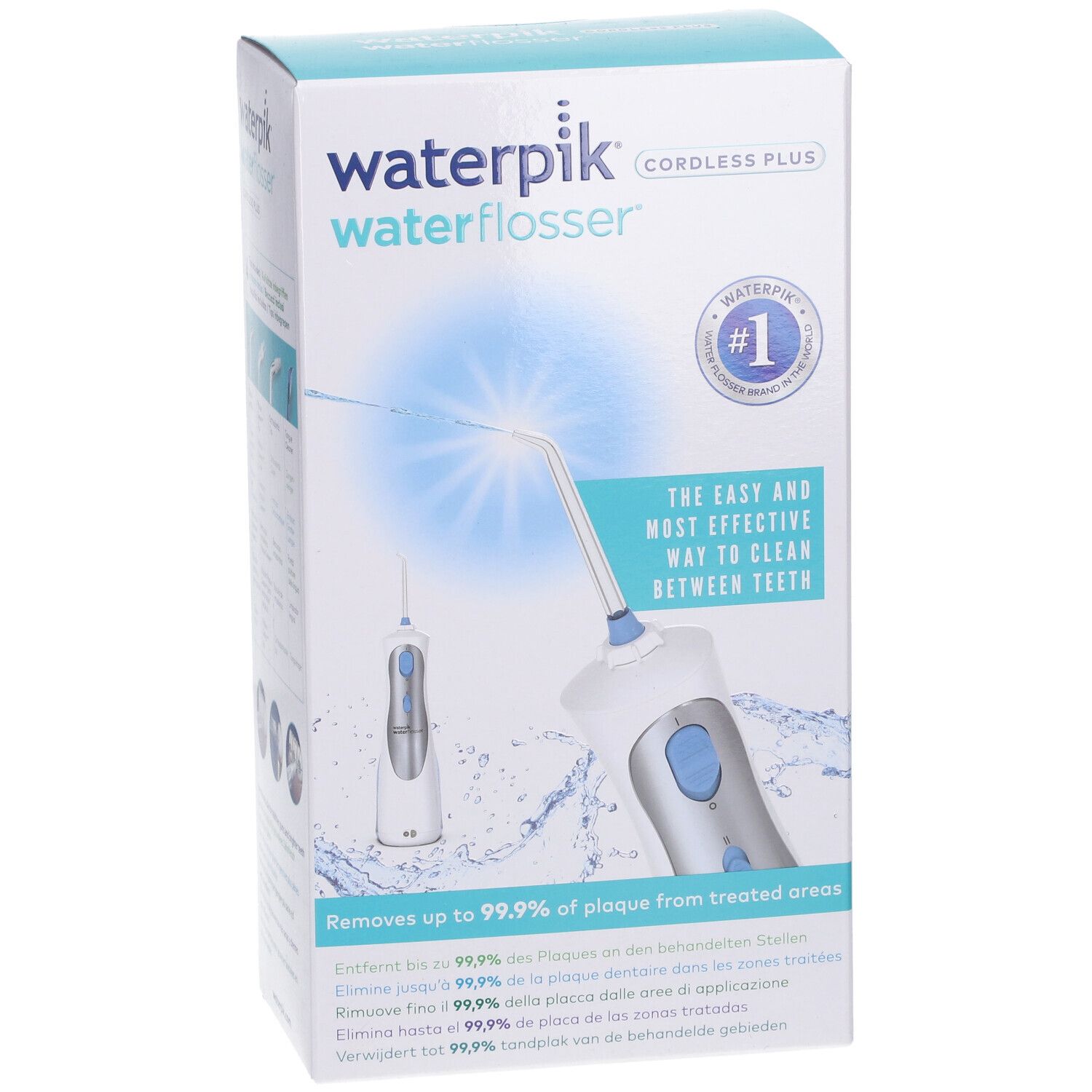 Verpackung, Vorderseite. Waterpik Waterflosser, Cordless Plus. #1-Logo. Text: Die einfachste und effektivste Art, Zähne zu reinigen.