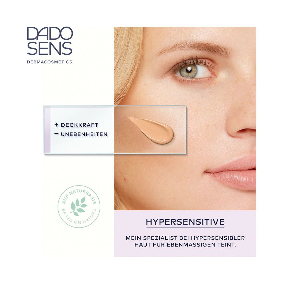 Gesichtsausschnitt mit Foundation-Test. Text: Hypersensitive, + Deckkraft - Unreinheiten.