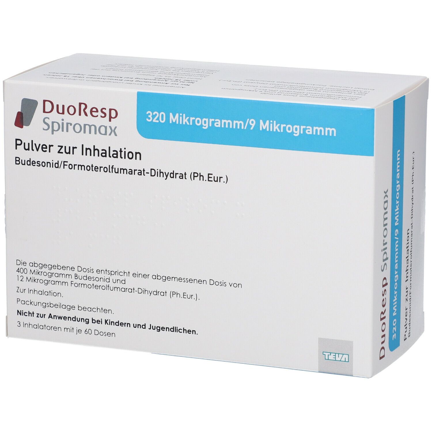 Weißer Karton mit blauer Leiste. Aufdruck: DuoResp Spiromax, 320 Mikrogramm/9 Mikrogramm, Pulver zur Inhalation.