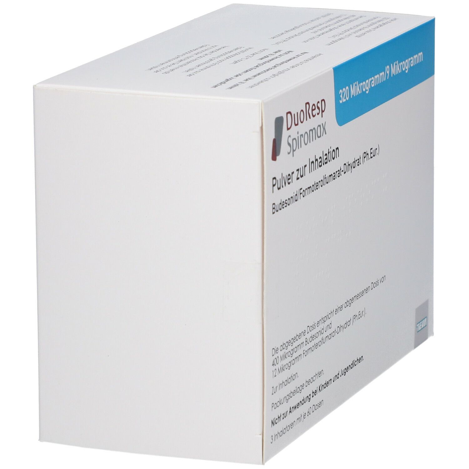 Weißer Karton mit blauer Leiste. Aufdruck: DuoResp Spiromax, 320 Mikrogramm/9 Mikrogramm, Pulver zur Inhalation.