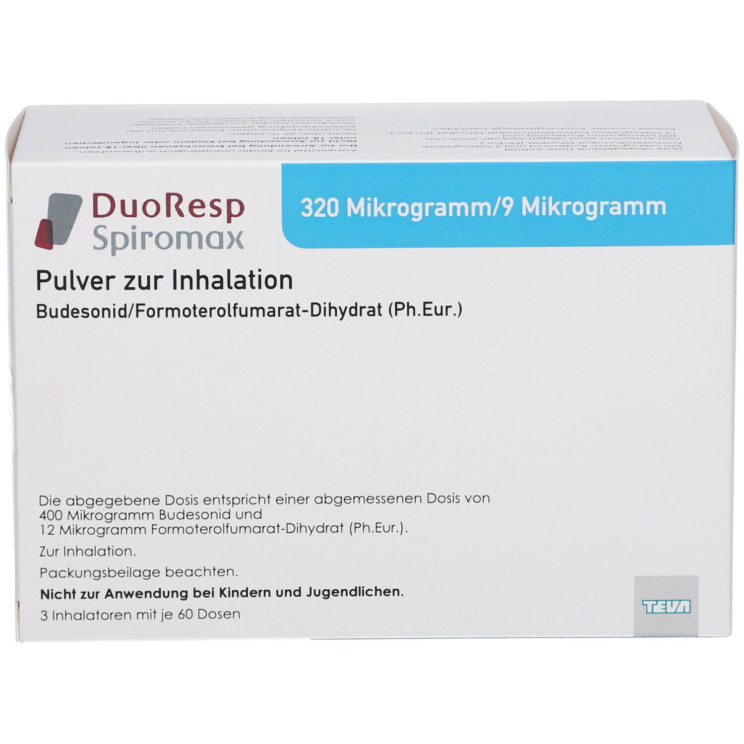 Weißer Karton mit blauer Leiste. Aufdruck: DuoResp Spiromax, 320 Mikrogramm/9 Mikrogramm, Pulver zur Inhalation.