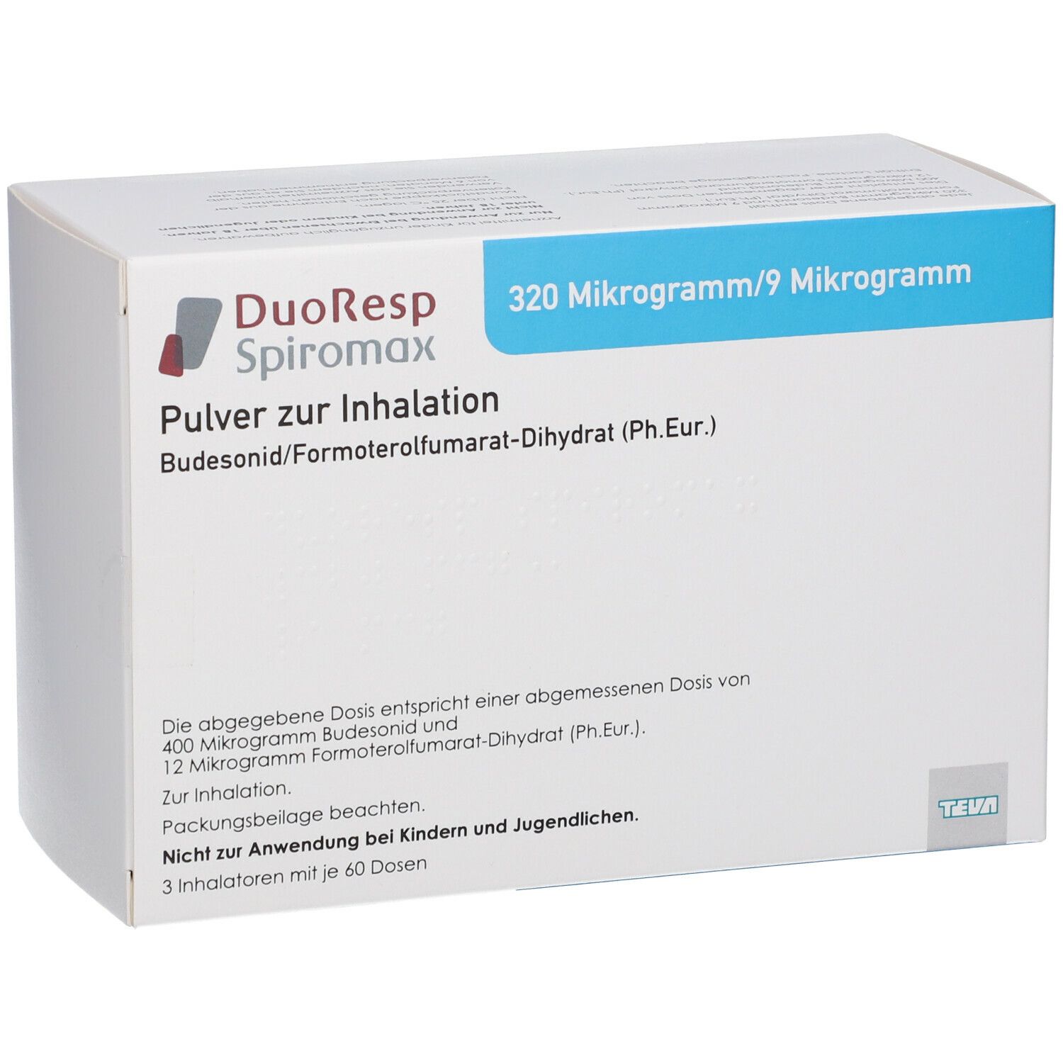 Weißer Karton mit blauer Leiste. Aufdruck: DuoResp Spiromax, 320 Mikrogramm/9 Mikrogramm, Pulver zur Inhalation.