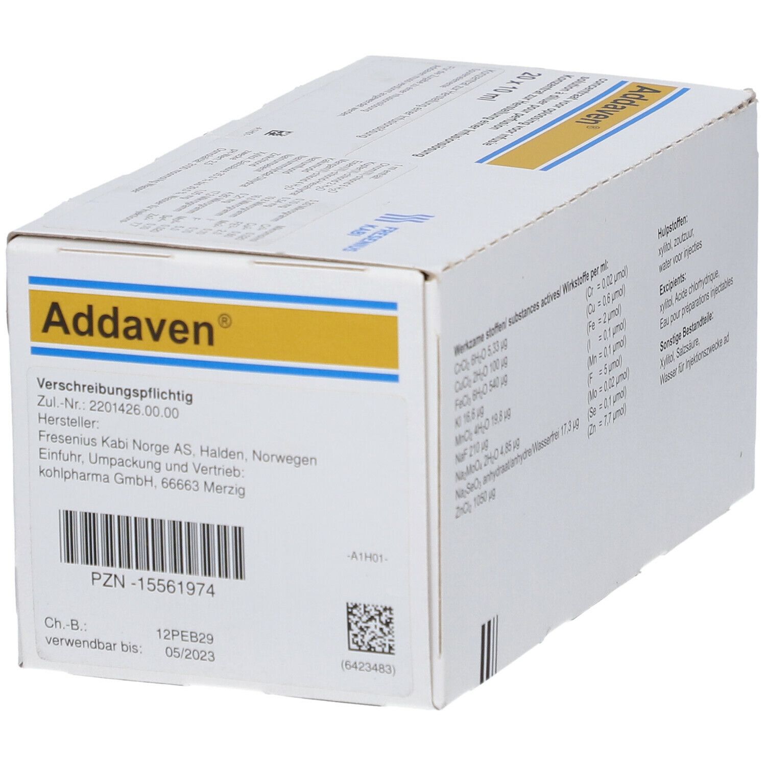 Addaven-Verpackung. Weißer Karton mit gelbem Streifen und Produktnamen. Enthält Informationen zur Verschreibungspflicht.