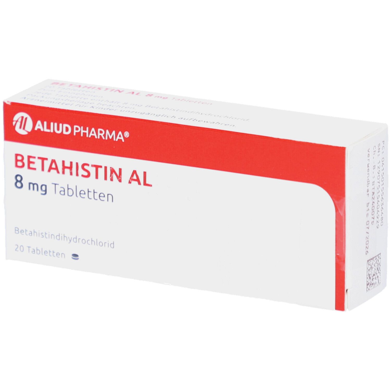 Weiße Schachtel mit rotem Streifen. Aufschrift: BETAHISTIN AL 8 mg Tabletten, 20 Tabletten.