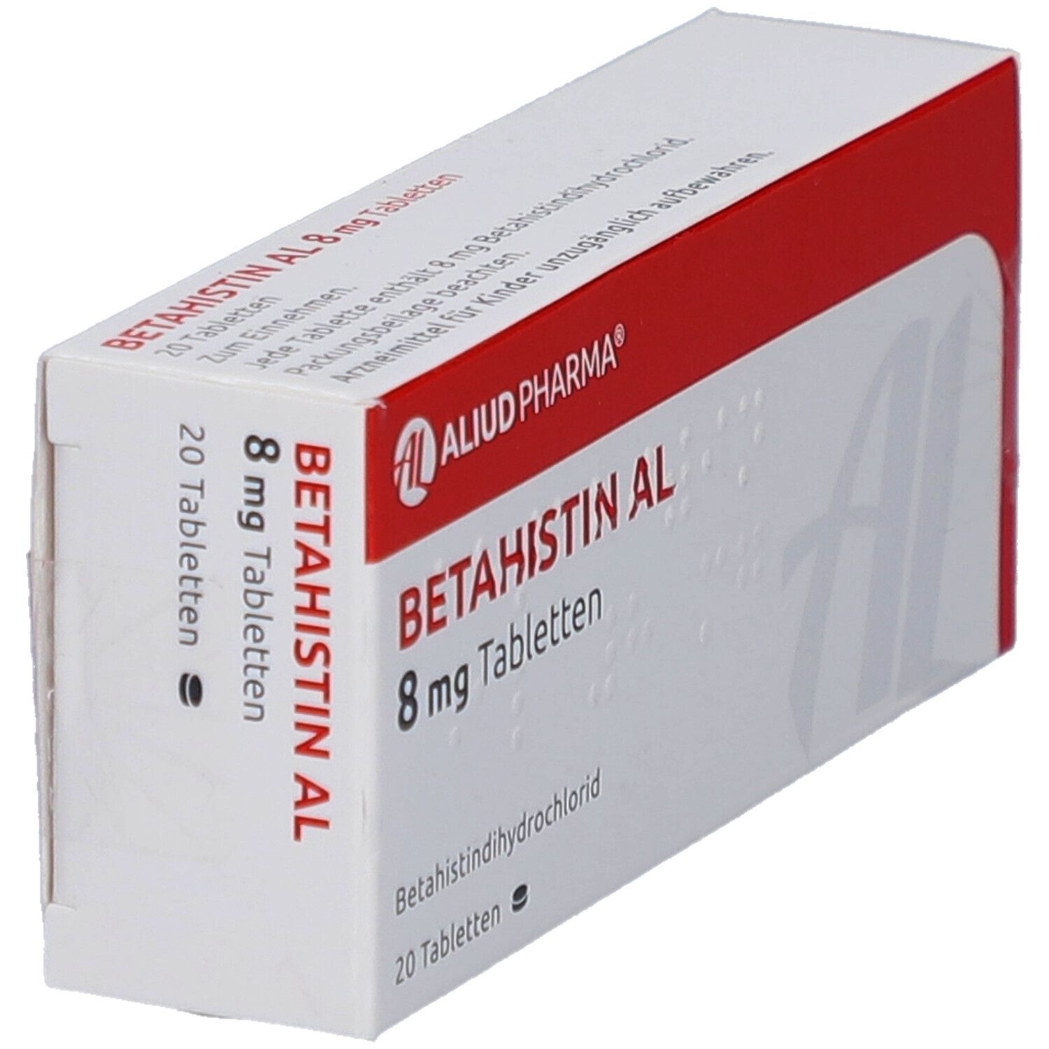 Schachtel mit rotem Deckel und weißem Korpus. Aufschrift: BETAHISTIN AL 8 mg Tabletten, 20 Tabletten.