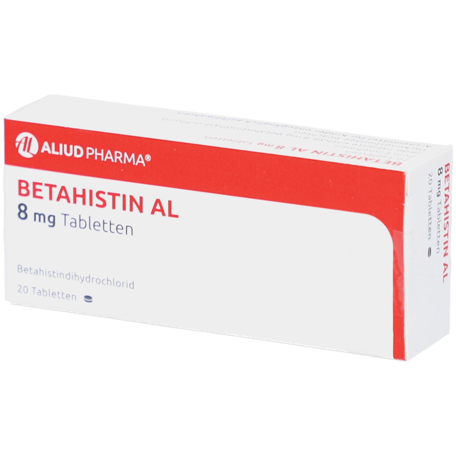 Weiße Schachtel mit rotem Streifen. Aufschrift: BETAHISTIN AL 8 mg Tabletten, 20 Tabletten.