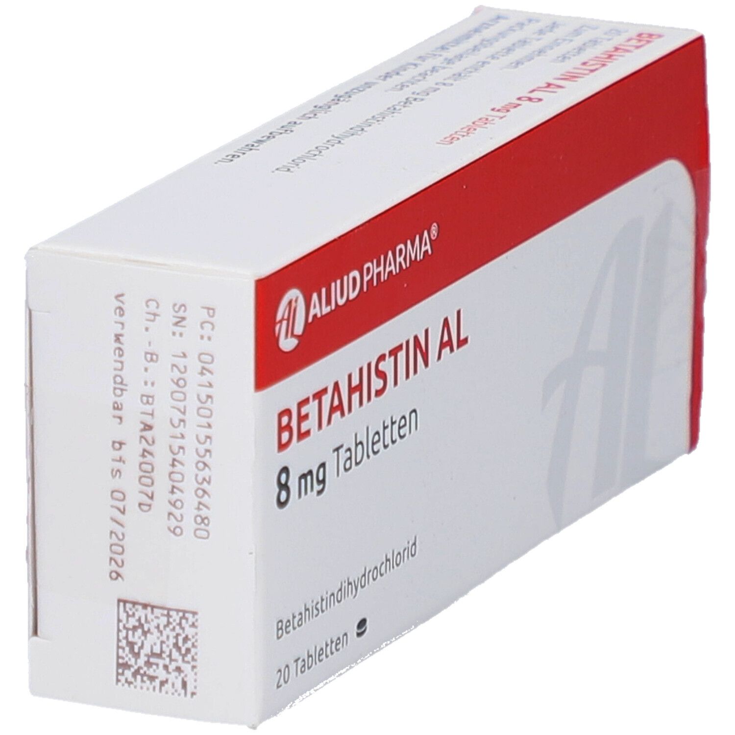 Weiße Schachtel mit rotem Streifen. Aufschrift: BETAHISTIN AL 8 mg Tabletten, 20 Tabletten.