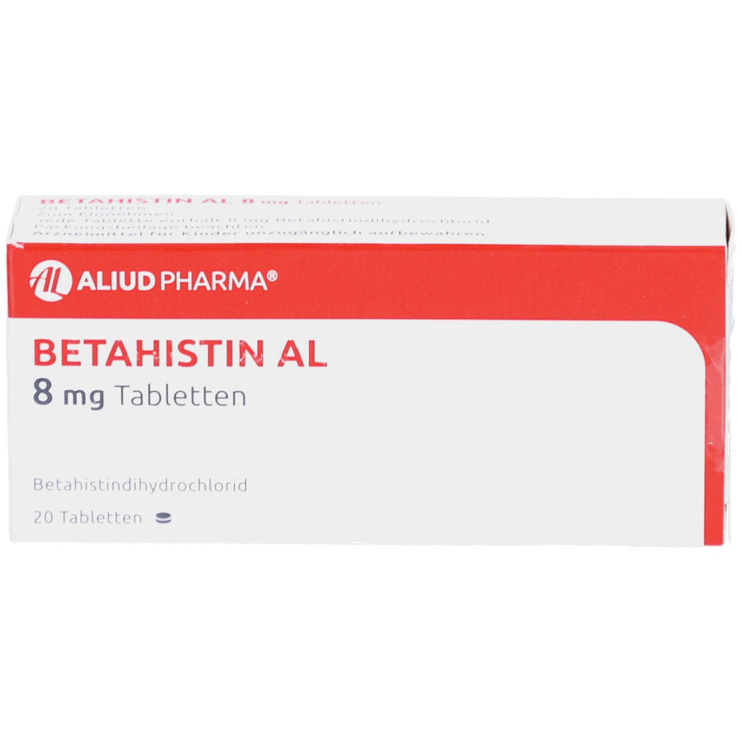 Weiße Schachtel mit rotem Streifen. Aufschrift: BETAHISTIN AL 8 mg Tabletten, 20 Tabletten.