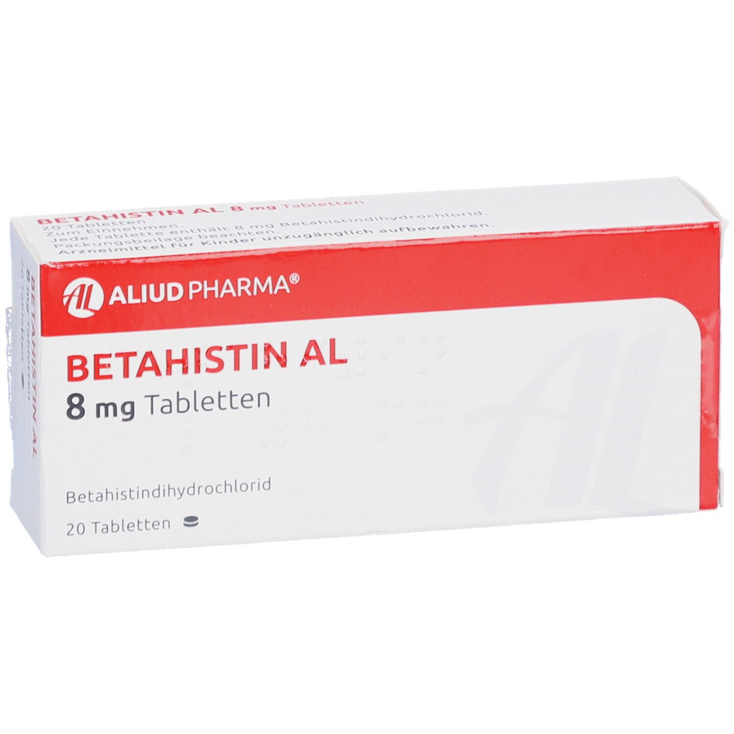 Weiße Schachtel mit rotem Streifen. Aufschrift: BETAHISTIN AL 8 mg Tabletten, 20 Tabletten.
