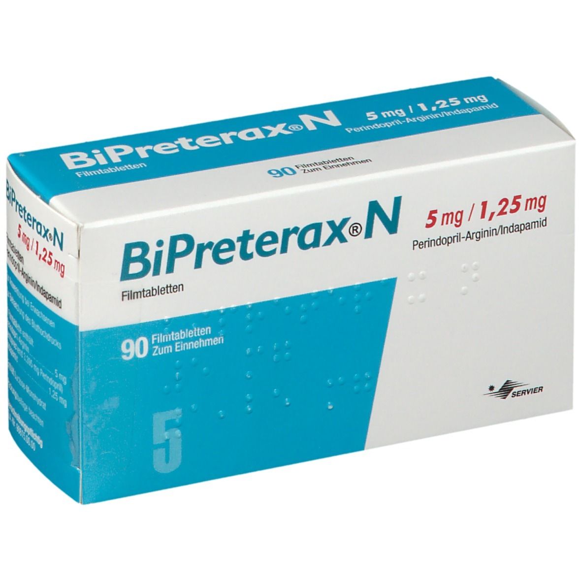 Schachtel mit BiPreterax N 5 mg/1,25 mg Tabletten. Aufschrift: 90 Filmtabletten. Herstellerlogo SERVIER.