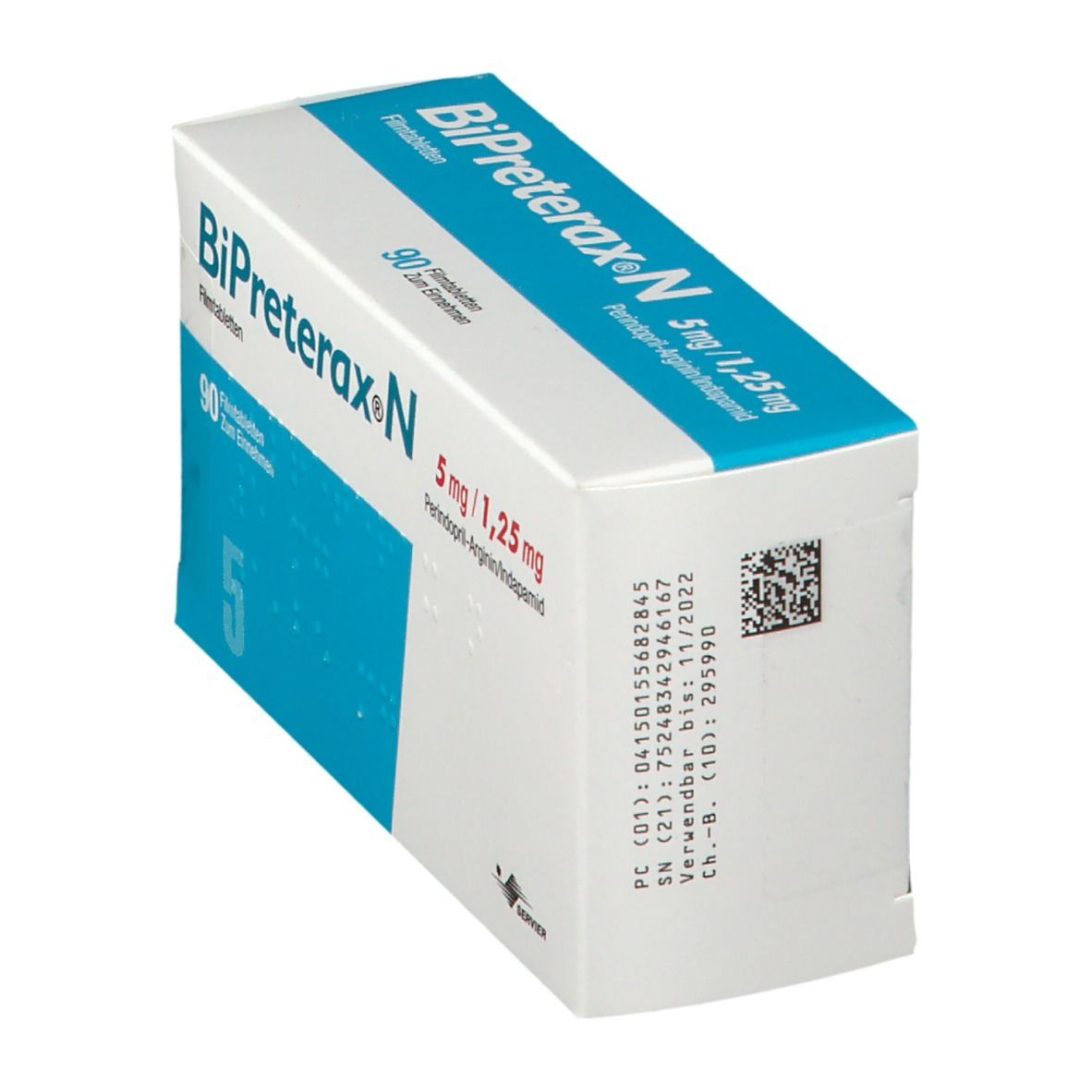 Schachtel BiPreterax N 5 mg/1,25 mg. Aufschrift: 90 Filmtabletten. QR-Code und Chargennummer. Herstellerlogo SERVIER.