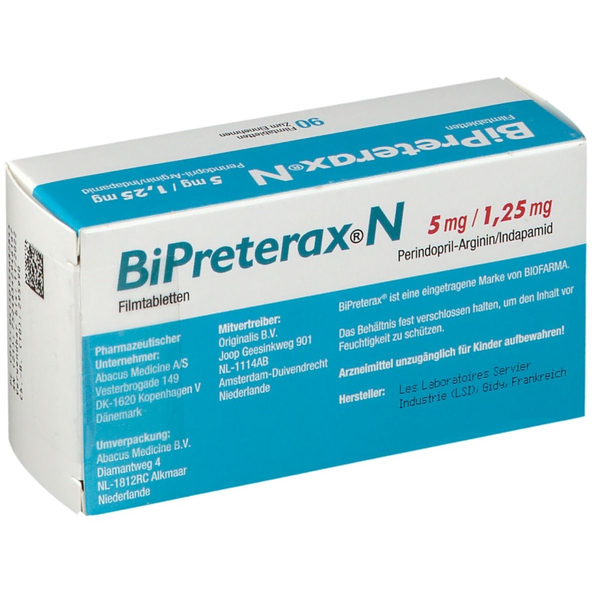 Schachtel BiPreterax N 5 mg/1,25 mg. Aufschrift: 90 Filmtabletten. Herstellerinformationen. Logo SERVIER.