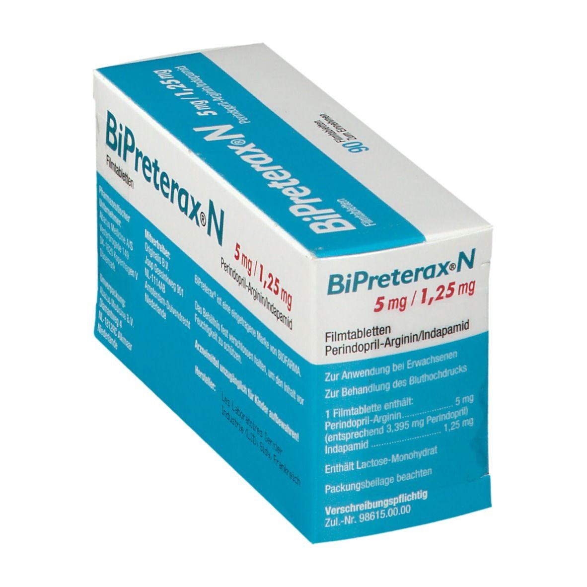 Schachtel BiPreterax N 5 mg/1,25 mg. Aufschrift: 90 Filmtabletten. Produktinformationen. Herstellerlogo SERVIER.
