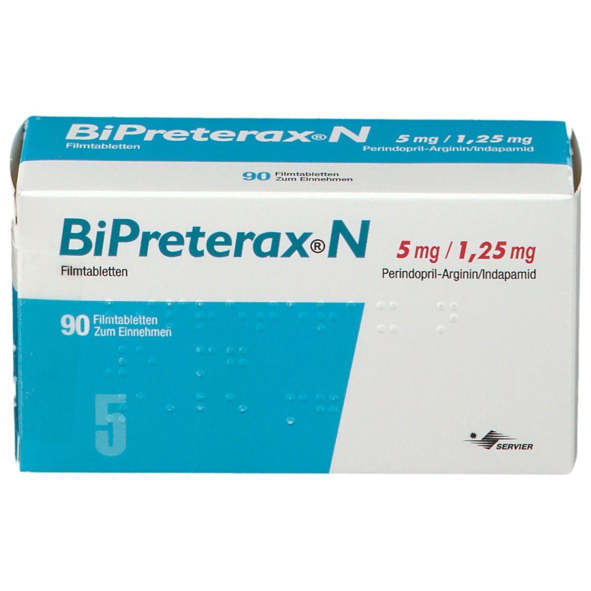 Schachtel BiPreterax N 5 mg/1,25 mg. Aufschrift: 90 Filmtabletten. Herstellerlogo SERVIER. Blaue Farbgebung.