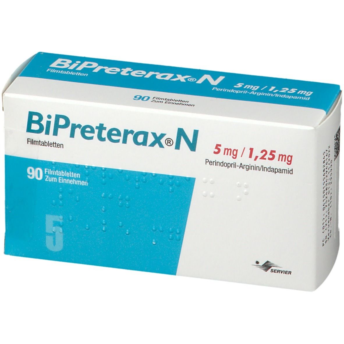 Schachtel BiPreterax N 5 mg/1,25 mg. Aufschrift: 90 Filmtabletten. Herstellerlogo SERVIER. Blaue Farbgebung.
