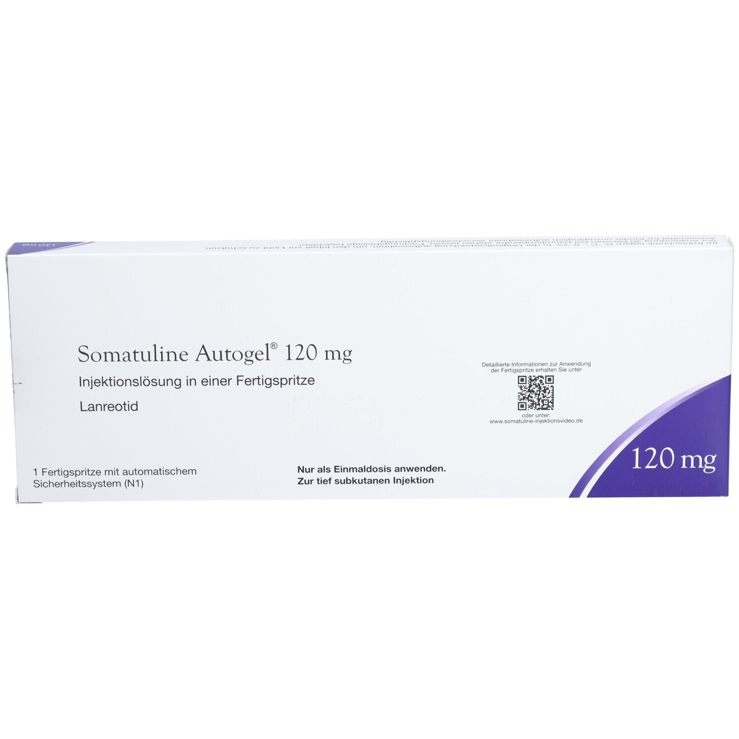 Schachtel mit SOMATULINE Autogel 120 mg Fertigspritze. Text: Injektionslösung, Lanreotid, 120 mg. Mit Sicherheits-System.