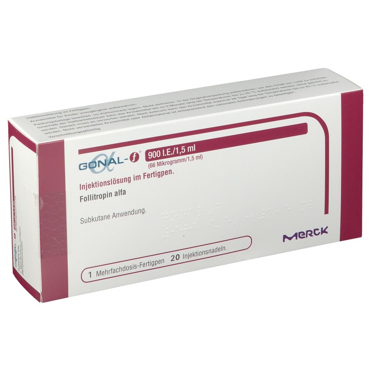 Weiße Schachtel mit roter Schrift. Aufschrift: Gonal-F 900 I.E./1,5 ml. Merck Logo.