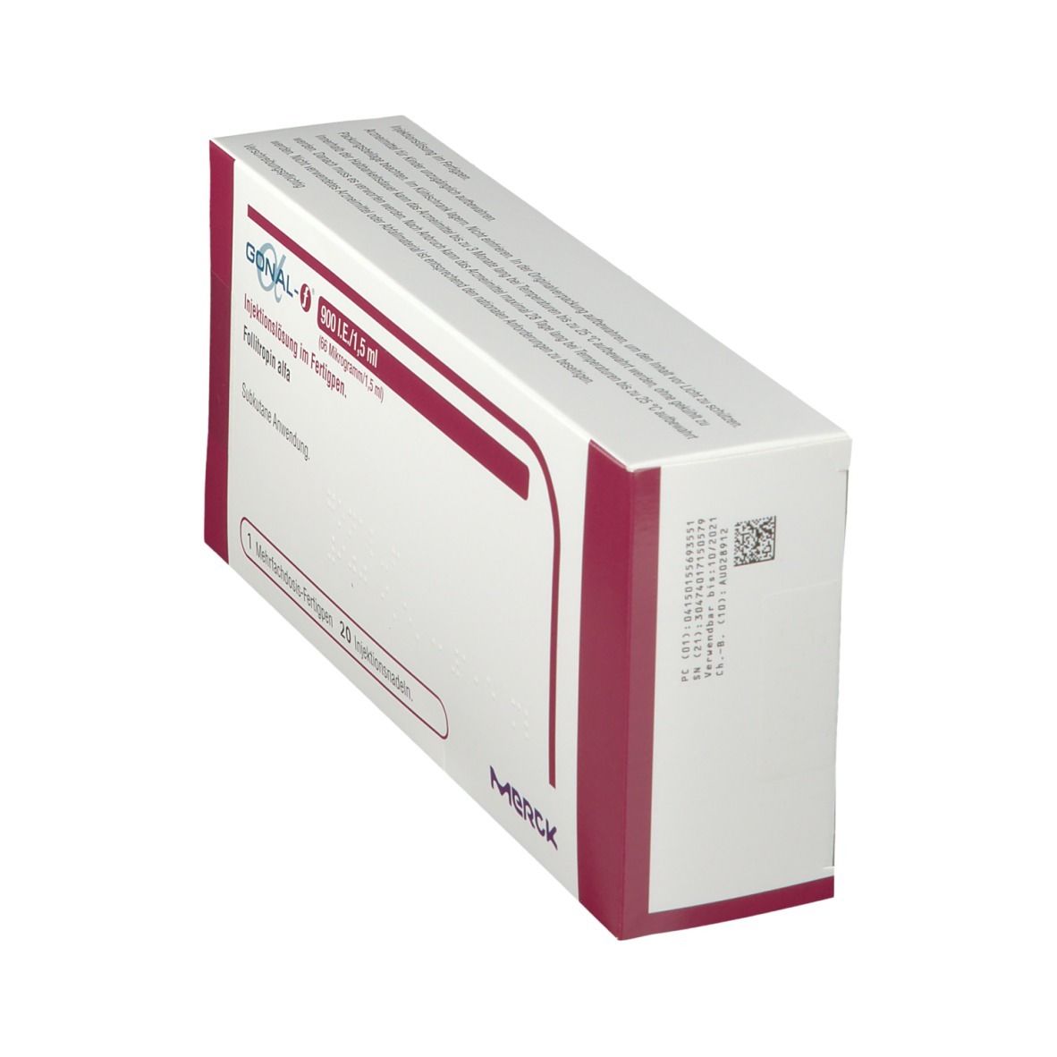 Schachtel, weiß mit rotem Akzent. Aufschrift: Gonal-F. Merck Logo. Text in Deutsch.