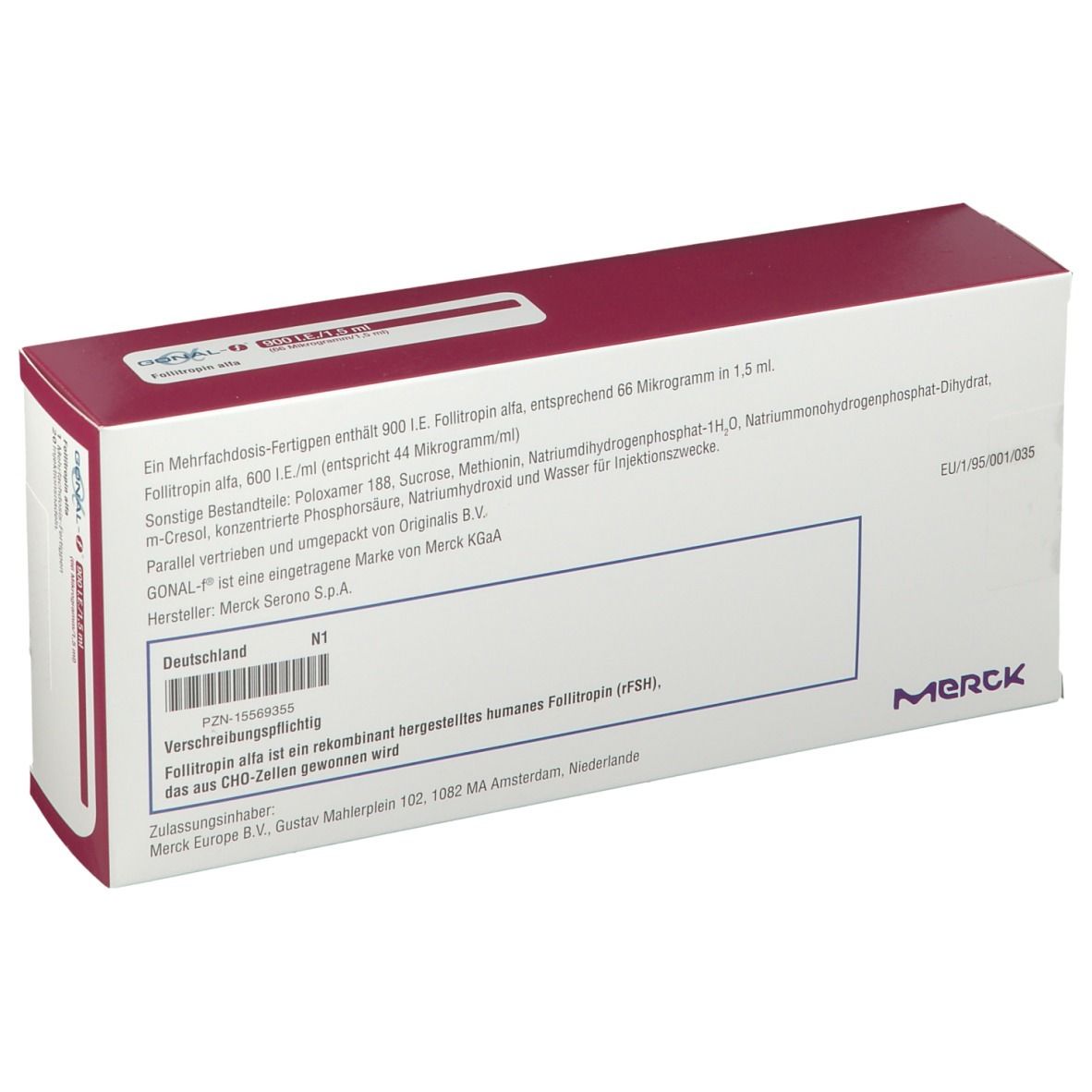 Rückseite der weißen Schachtel. Text in Deutsch. Merck Logo. Details zu Inhaltsstoffen.