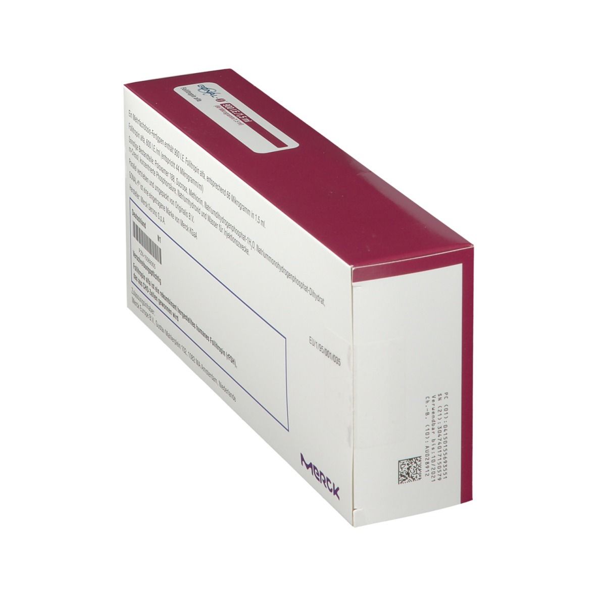 Schachtel, weiß mit rotem Akzent. Text in Deutsch. Merck Logo. Barcode.