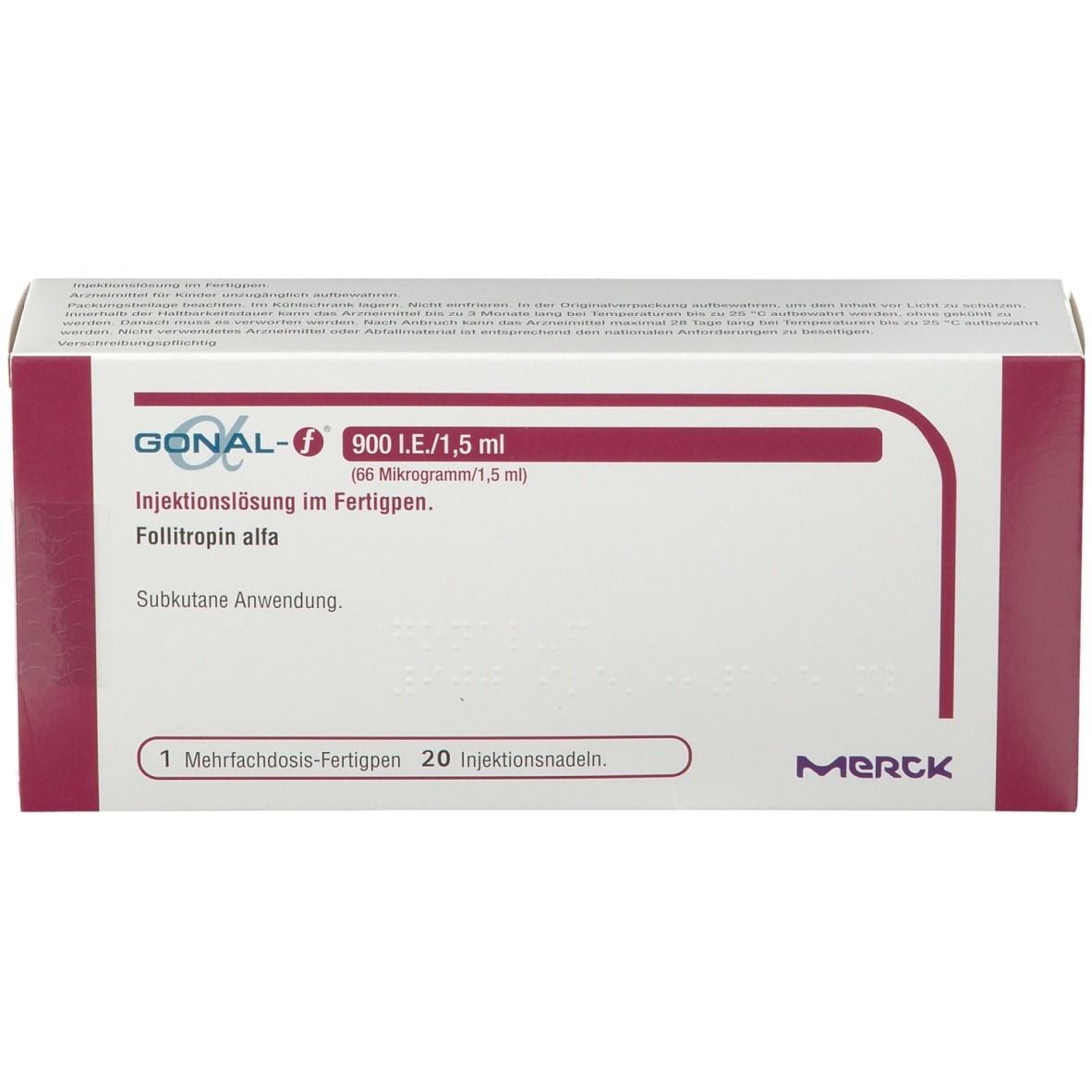 Weiße Schachtel mit roter Schrift. Aufschrift: Gonal-F 900 I.E./1,5 ml. Merck Logo.