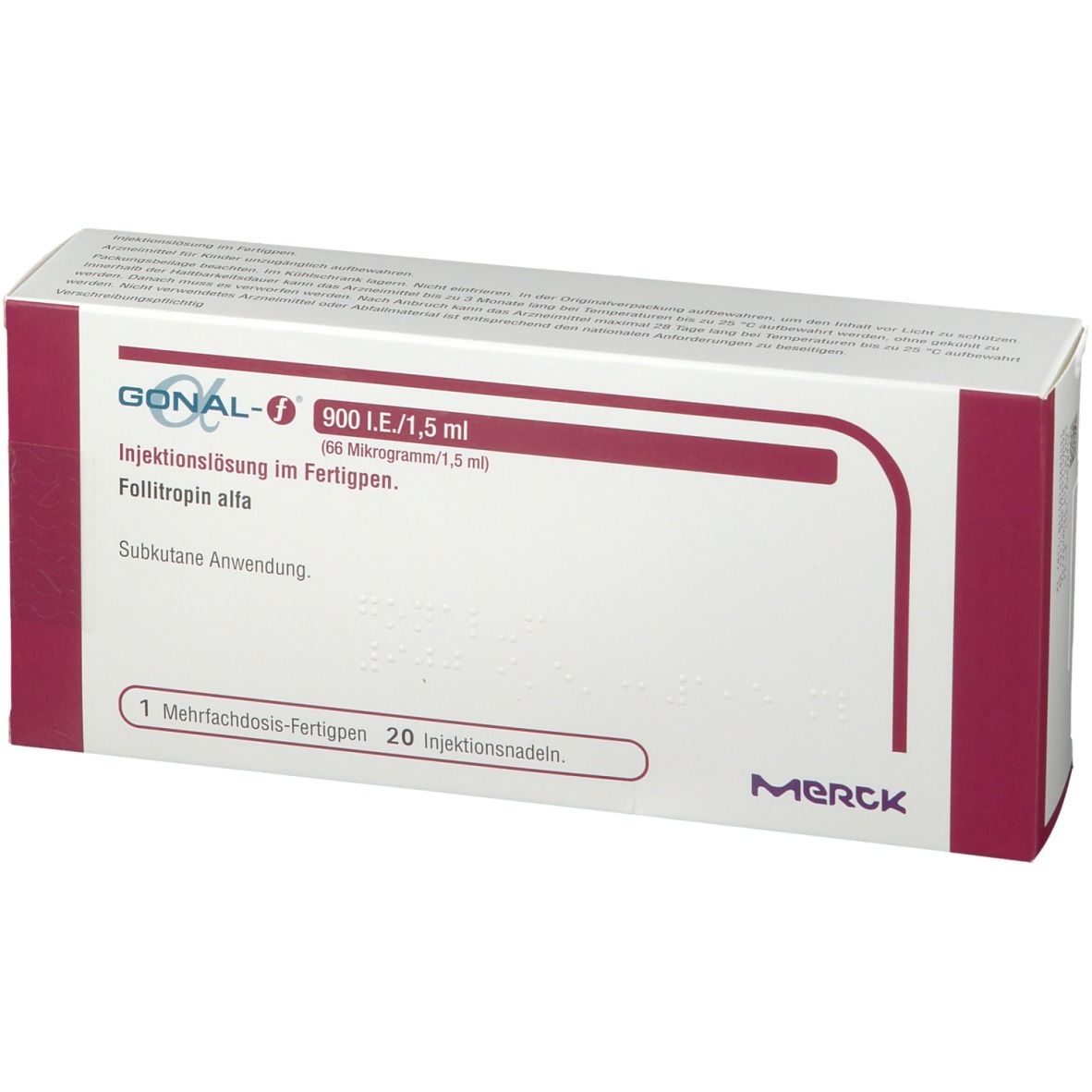 Weiße Schachtel mit roter Schrift. Aufschrift: Gonal-F 900 I.E./1,5 ml. Merck Logo.