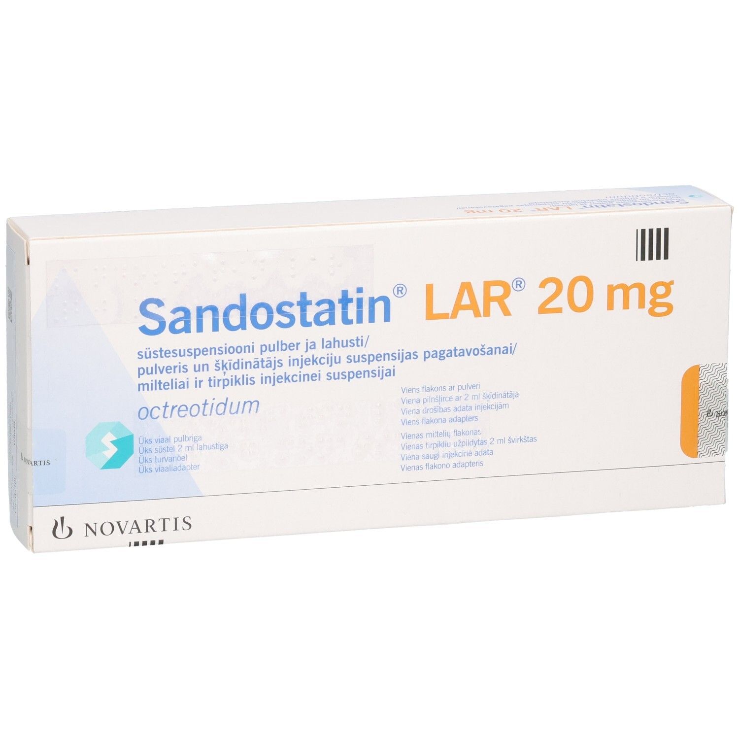 Sandostatin LAR 20 mg Injektionssuspension in einer Packung mit 6 Durchstechflaschen. Enthält Octreotid.