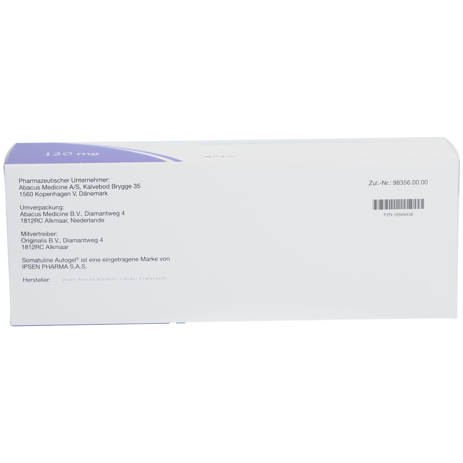 Rückseite der SOMATULINE Autogel 120 mg Verpackung. Weiß mit blauem Akzent. Text: Pharmazeutischer Unternehmer, Hersteller, Chargennummer.
