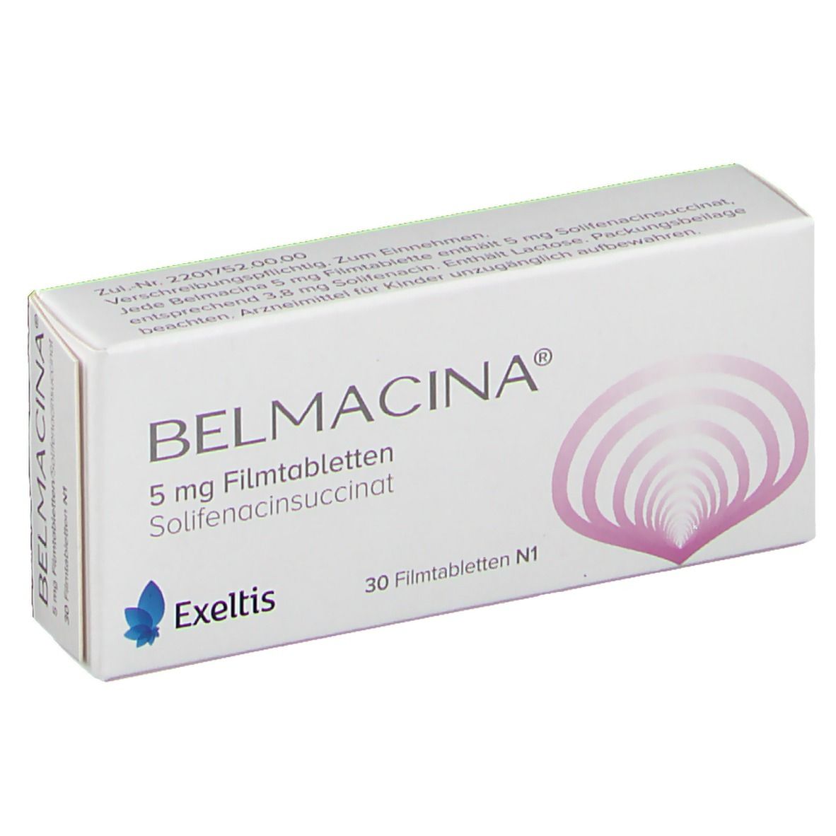 Weiße Schachtel mit BELMACINA® 5 mg. Aufdruck: 30 Filmtabletten N1, Solifenacin succinat. Exeltis Logo. Rosa Blütenmuster.
