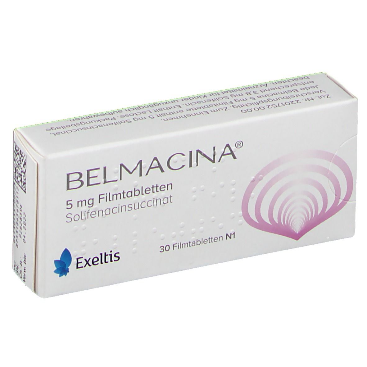Weiße Schachtel mit BELMACINA® 5 mg. Aufdruck: 30 Filmtabletten N1, Solifenacin succinat. Exeltis Logo. Rosa Blütenmuster.