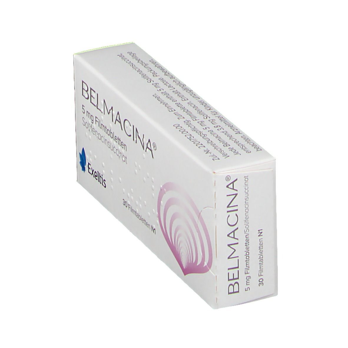 Schachtel BELMACINA® 5 mg, weiß. Aufdruck: 30 Filmtabletten, Solifenacin succinat. Exeltis Logo. Rosa Blütenmuster.