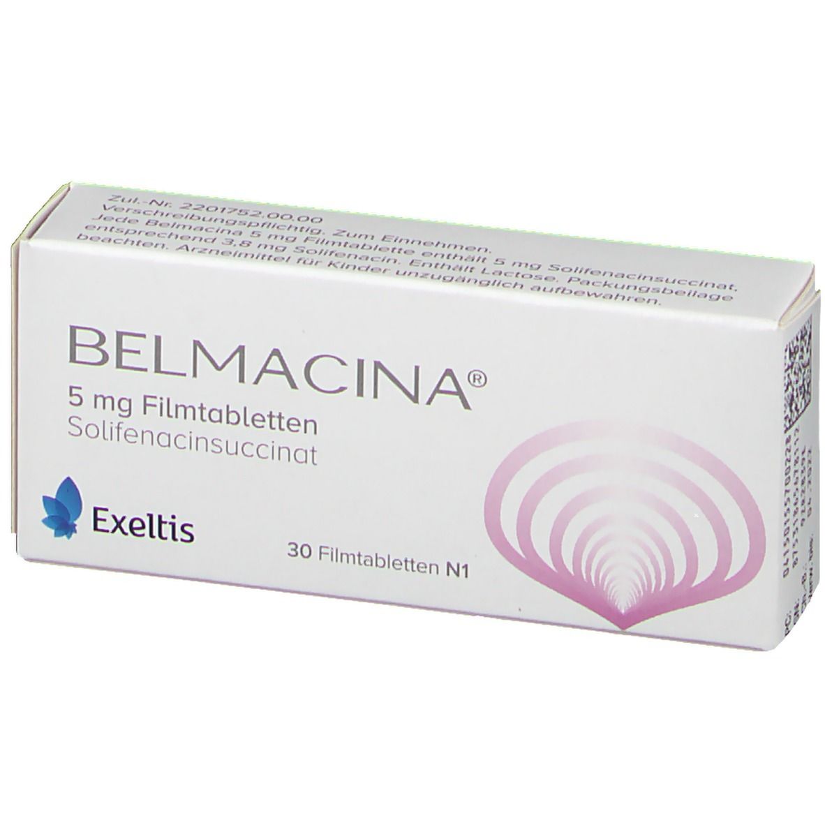 Weiße Schachtel mit BELMACINA® 5 mg. Aufdruck: 30 Filmtabletten, Solifenacin succinat. Exeltis Logo. Barcode.
