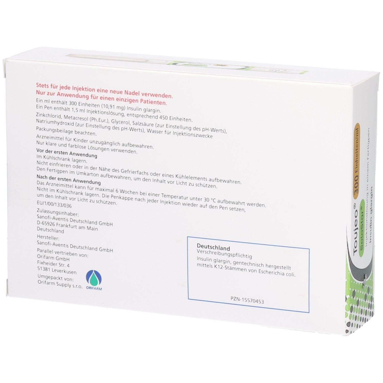 Rückseite der Toujeo SoloStar Verpackung. Textinformationen und Logo. Weiße Verpackung mit grünen Akzenten.