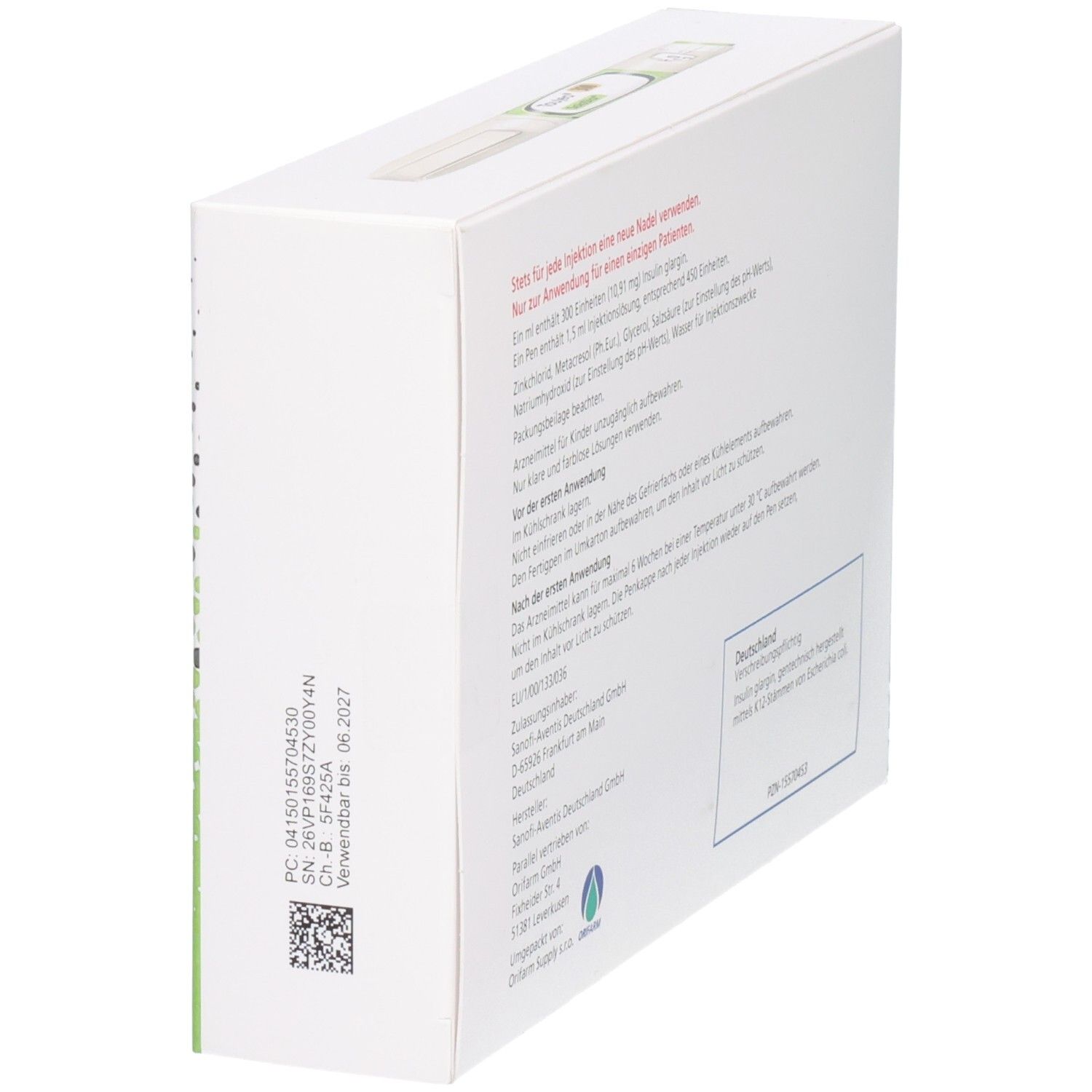 Seitenansicht der Toujeo SoloStar Verpackung. Textinformationen und Logo. Weiße Verpackung mit grünen Akzenten.