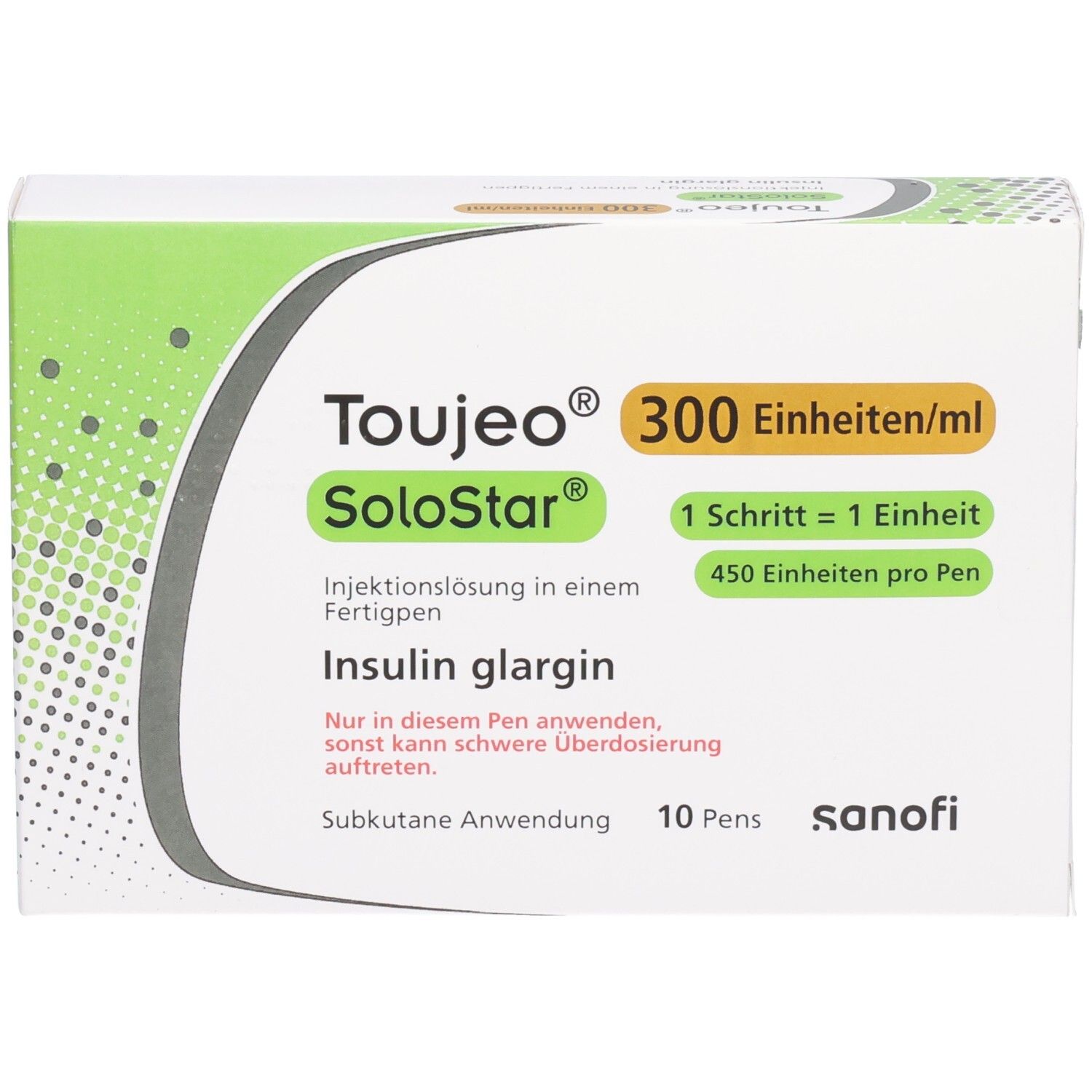 Vorderansicht der Toujeo SoloStar Verpackung. Aufschrift: 300 Einheiten/ml, Insulin glargin, 10 Pens. Sanofi-Logo. Grüne und weiße Farbgebung.