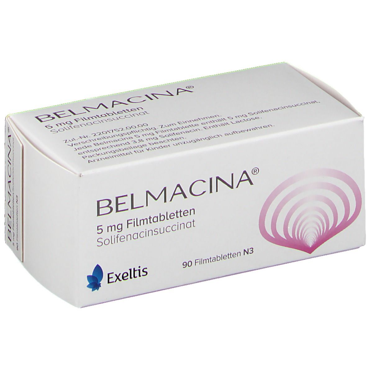 Weiße Schachtel mit BELMACINA 5 mg Filmtabletten. Aufdruck: 90 Filmtabletten N3, Exeltis Logo. Rosa-lila Design.