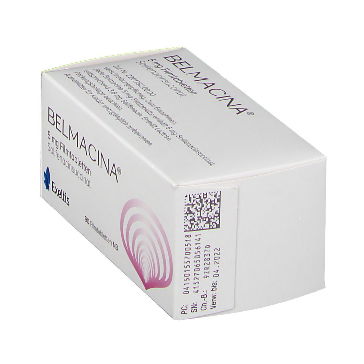 Schachtel BELMACINA 5 mg, weiß. Aufdruck: 90 Filmtabletten N2, Exeltis Logo. Barcode und Verfallsdatum.