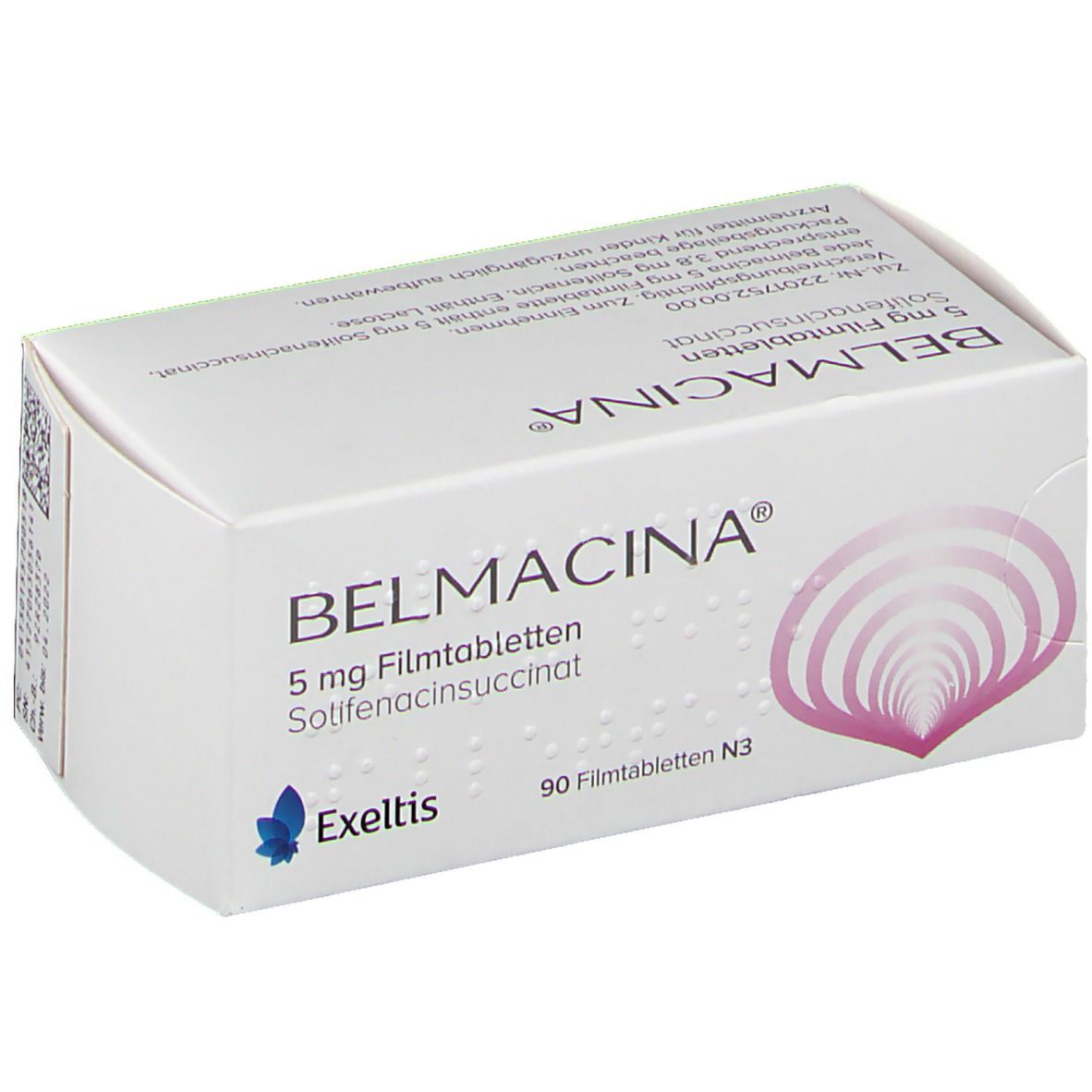 Weiße Schachtel mit BELMACINA 5 mg Filmtabletten. Aufdruck: 90 Filmtabletten N3, Exeltis Logo. Rosa-lila Design.