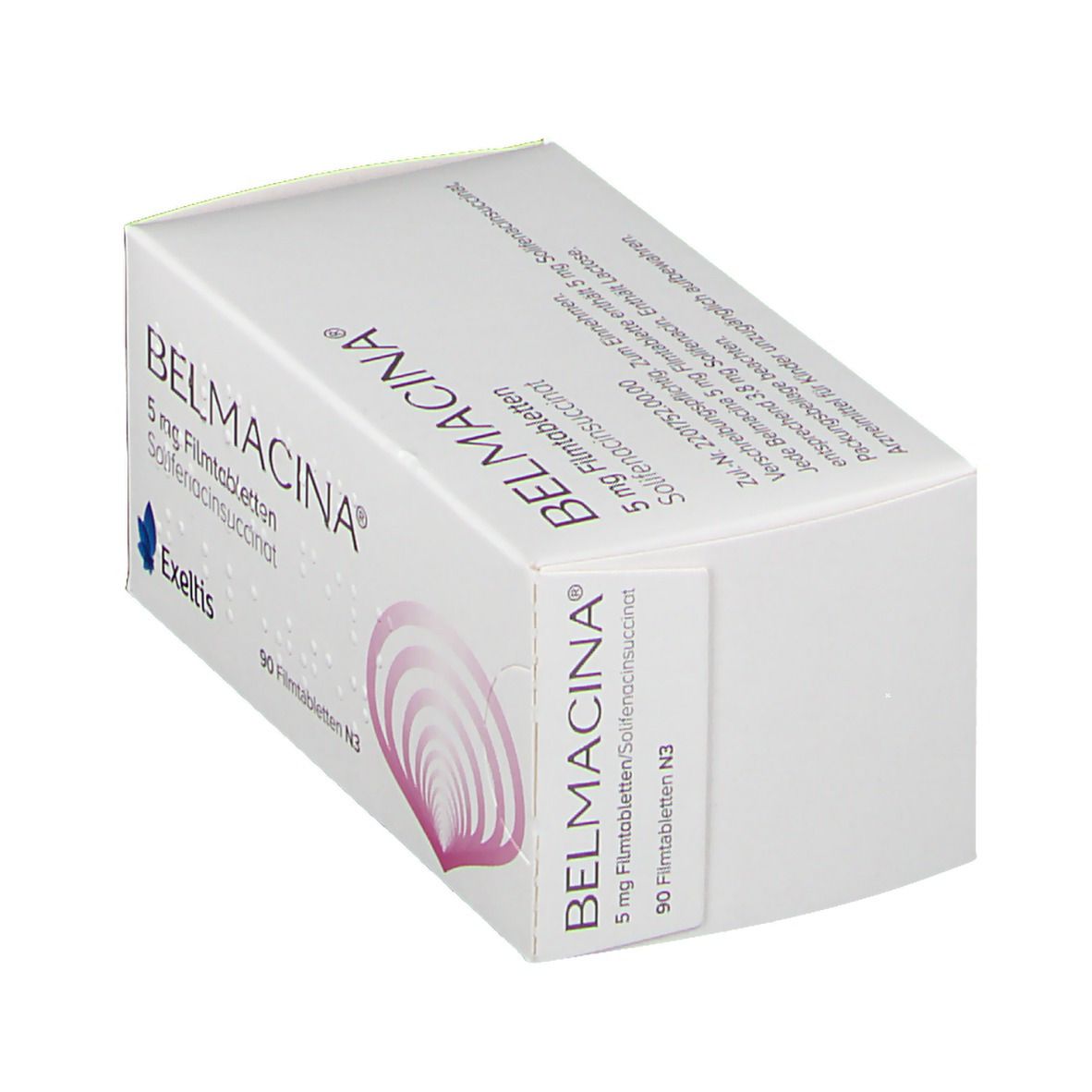 Schachtel BELMACINA 5 mg, weiß. Aufdruck: 90 Filmtabletten N3, Exeltis Logo. Rosa-lila Design.