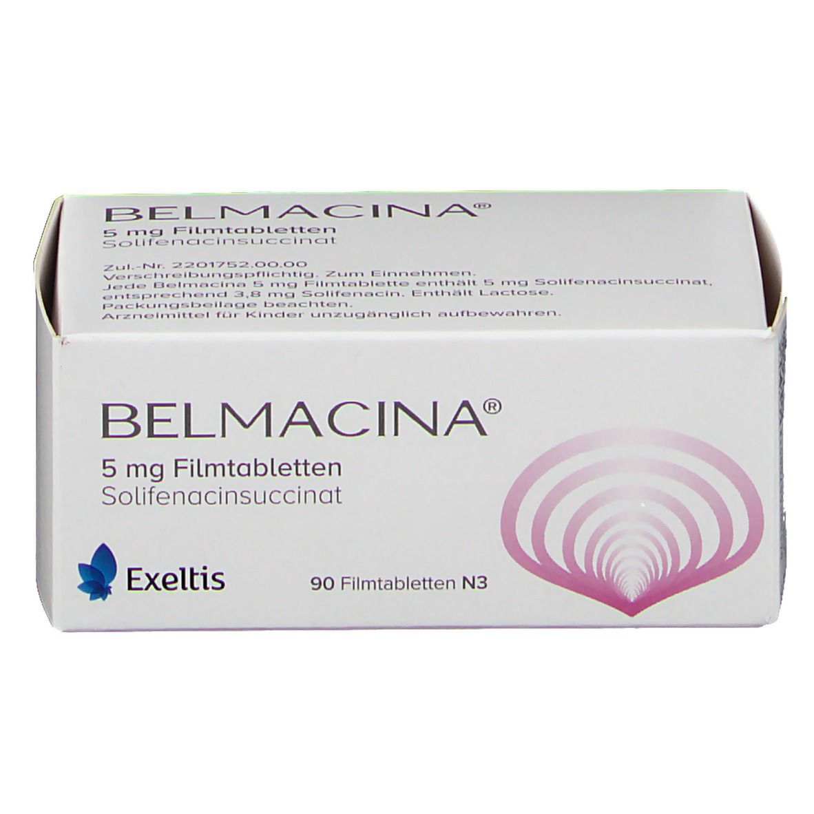 Weiße Schachtel mit BELMACINA 5 mg Filmtabletten. Aufdruck: 90 Filmtabletten N3, Exeltis Logo. Rosa-lila Design.